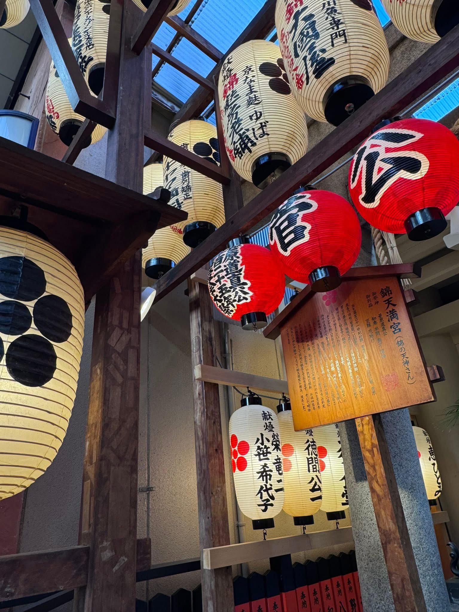 Red and white lanterns Nishiki Market shrine