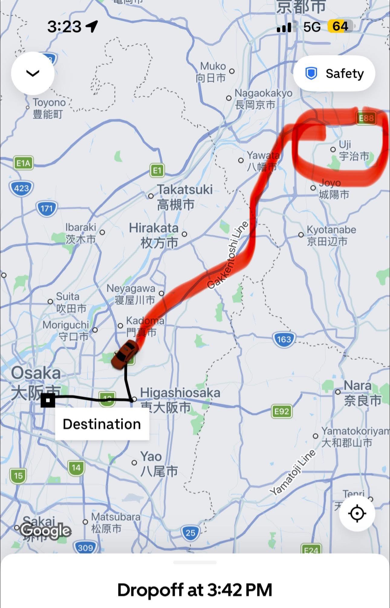 Google Maps screenshot Uji to Osaka